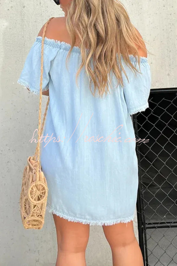Off-Shoulder Denim Mini Dress – Loose Fit Short Sleeve