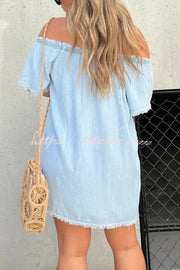 Off-Shoulder Denim Mini Dress – Loose Fit Short Sleeve