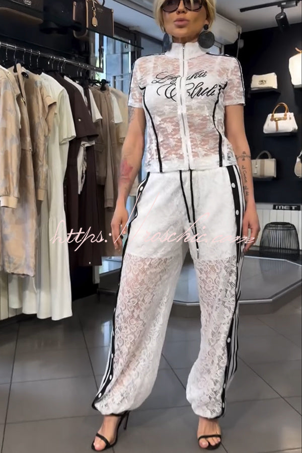 Lace Striped Patchwork High Neck Zip-Up Top & Pants Set