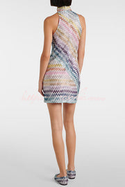 Colorful Zigzag Knit High Neck Sleeveless Mini Dress