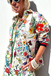 Satin Floral Print Oversized Button-Down Blouse