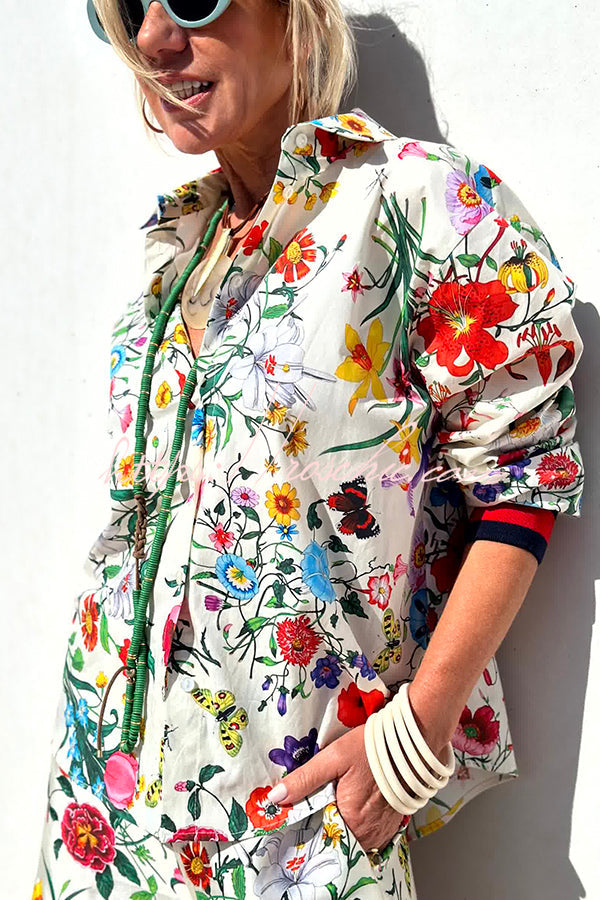 Satin Floral Print Oversized Button-Down Blouse