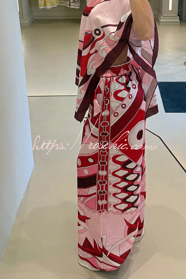 Satin Cape-Sleeve Top & Wide-Leg Pants Set | Vacation