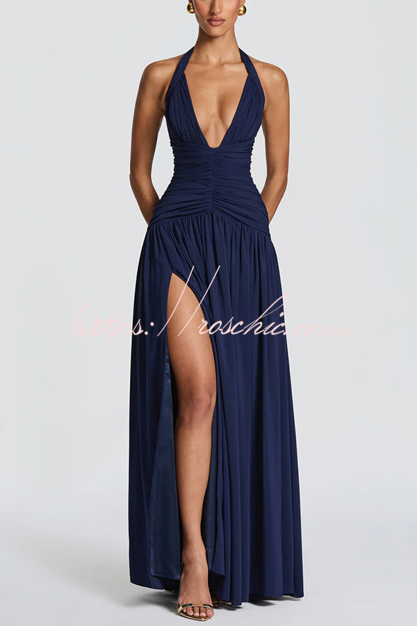 Chiffon Halter Maxi Dress with Lace-Up Back and Side Slit