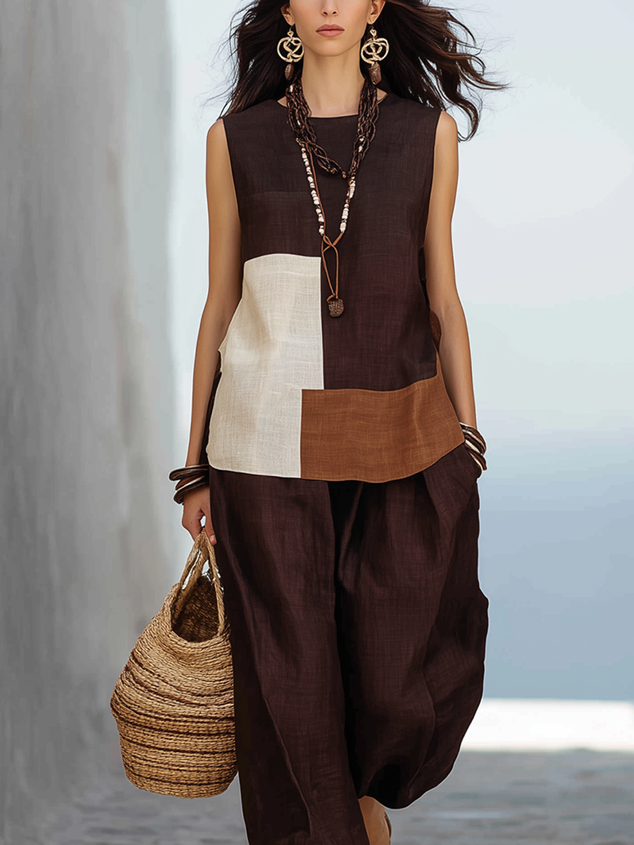 Bohemian Color-block Linen Two-Piece Set | Top & Pants