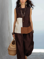 Bohemian Color-block Linen Two-Piece Set | Top & Pants