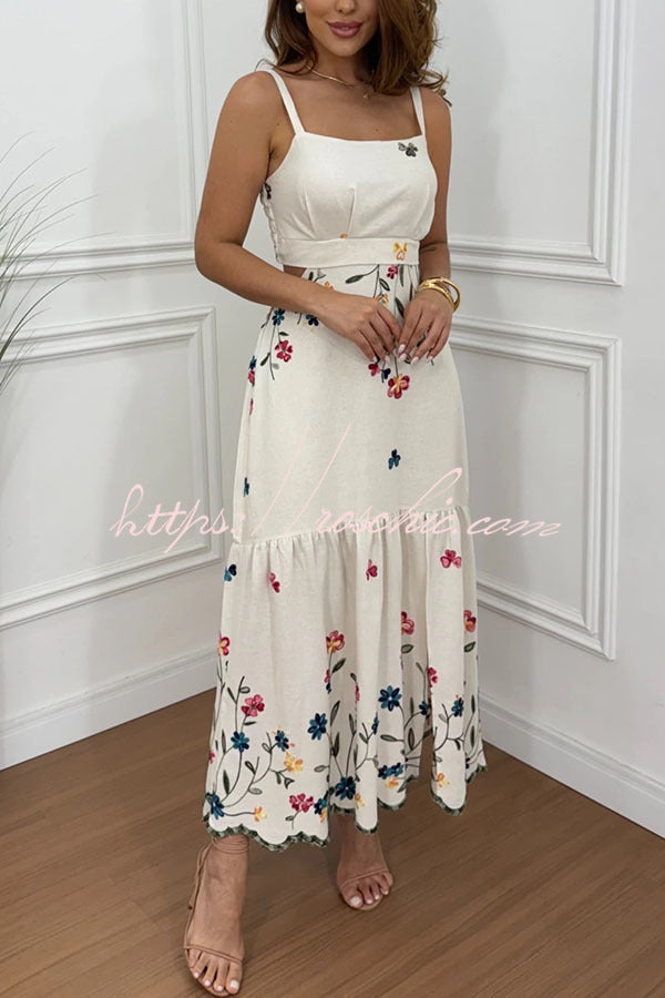 Linen Blend Floral Cutout Waist Smocked Slit Maxi Dress