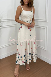 Linen Blend Floral Cutout Waist Smocked Slit Maxi Dress