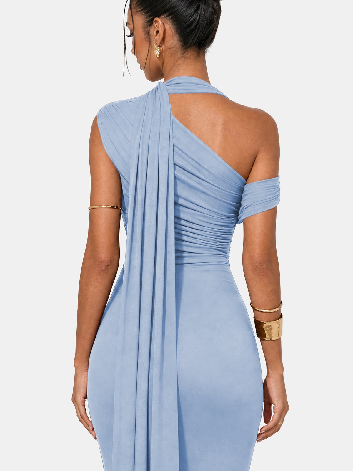 One Shoulder Formal Evening Gown with Built-In Bra, Ruched Mesh