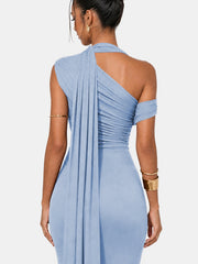 One Shoulder Formal Evening Gown with Built-In Bra, Ruched Mesh