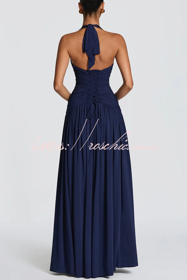 Chiffon Halter Maxi Dress with Lace-Up Back and Side Slit