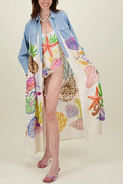 Marine Print Patchwork Maxi Shirt Coat with Pockets
