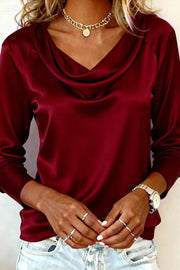 Satin Long Sleeve Draped Shirt – Casual Loose Fit Top