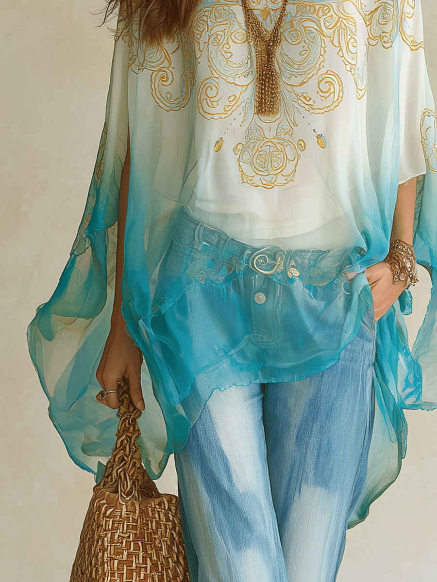 Turquoise Ombre Sheer Long Sleeve Blouse | Coastal Style