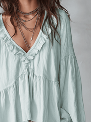 Ruffled V-Neck Boho Blouse – Relaxed Long Sleeve Top