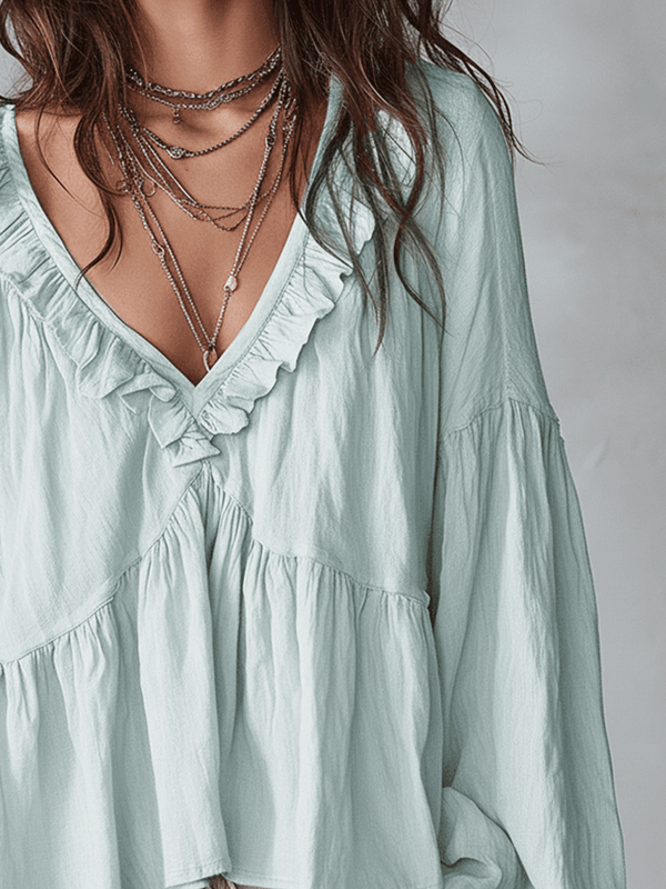 Blouse Boho à col en V à volants – Haut décontracté à manches longues