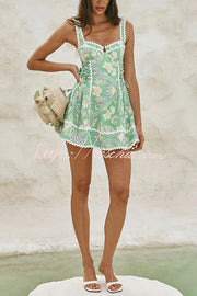 Printed Linen Blend Serrated Trim Mini Dress with Side Tie