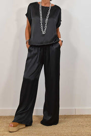 Satin Wide-Leg Pants Set with Short-Sleeve Top