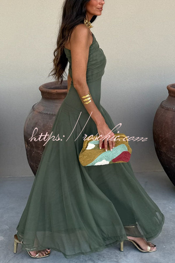 Mesh Ruched Strapless Flare Maxi Dress for Vacation & Party