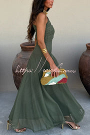 Mesh Ruched Strapless Flare Maxi Dress for Vacation & Party