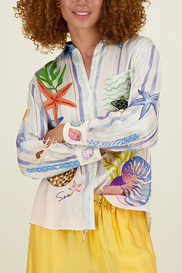 Satin Ocean Print Oversized Button-Down Blouse