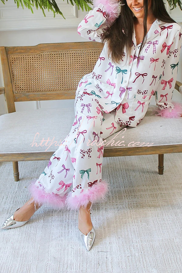 Christmas Printed Feather Trim Pajama Set with Pockets