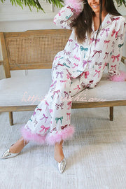 Christmas Printed Feather Trim Pajama Set with Pockets