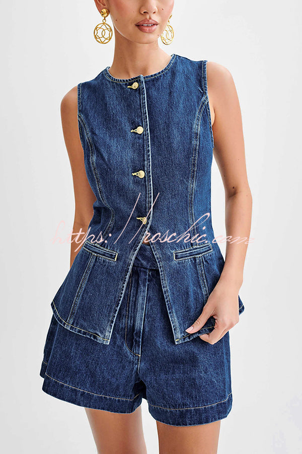 High Waist Relaxed Fit Denim Shorts with Button Fly