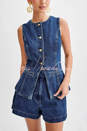 High Waist Relaxed Fit Denim Shorts with Button Fly