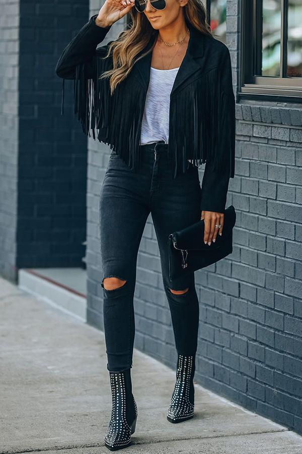 Veste courte en faux suède avec détails à franges