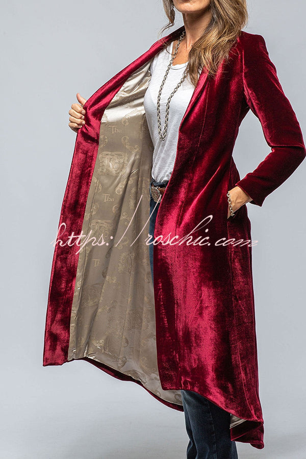 Women's Velvet Long Coat with Pockets and Slit Hem