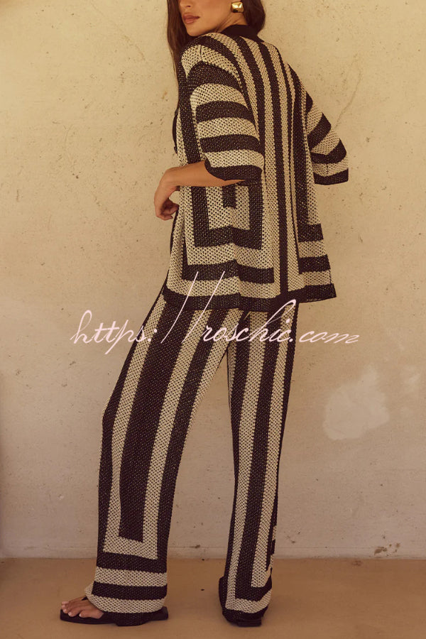 Knit Collared Short-Sleeve Top & Elastic Waist Pants Set