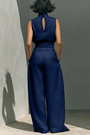 Linen Blend Turtleneck Top & Wide-Leg Pants Set