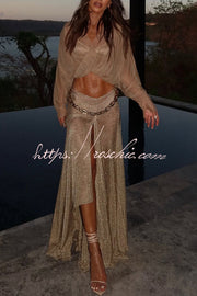 Metallic Knit Long Sleeve Crop Top and Maxi Skirt Set