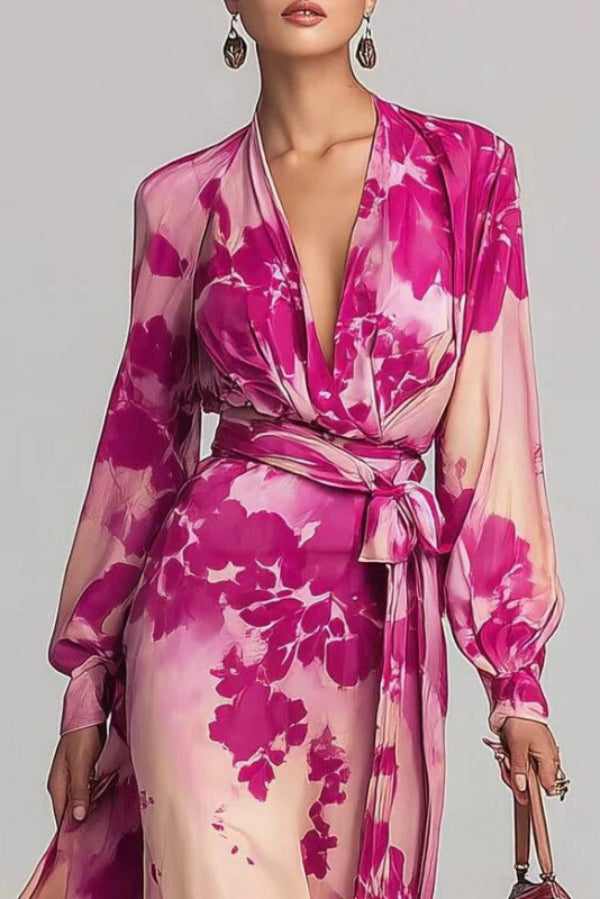 Floral Print Chiffon Maxi Dress | Long Sleeve V-Neck