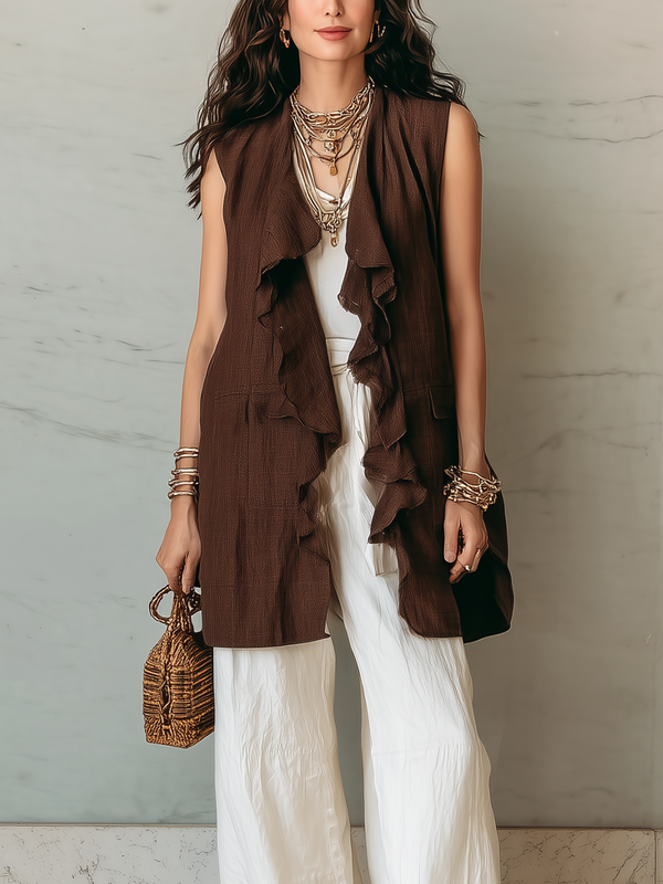 Ensemble gilet bohème à volants et pantalon large en lin blanc