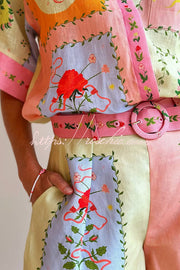 Linen Blend Printed Short Sleeve Shirt & Belted Shorts Set