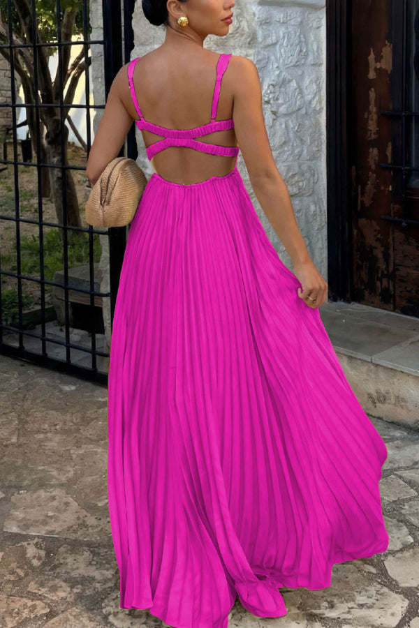 Sleeveless V-Neck Backless Pleated Maxi Dress