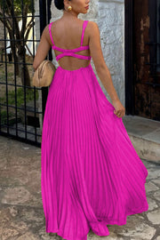 Sleeveless V-Neck Backless Pleated Maxi Dress
