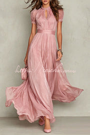 Lace Trim Keyhole Puff Sleeve Chiffon Maxi Dress