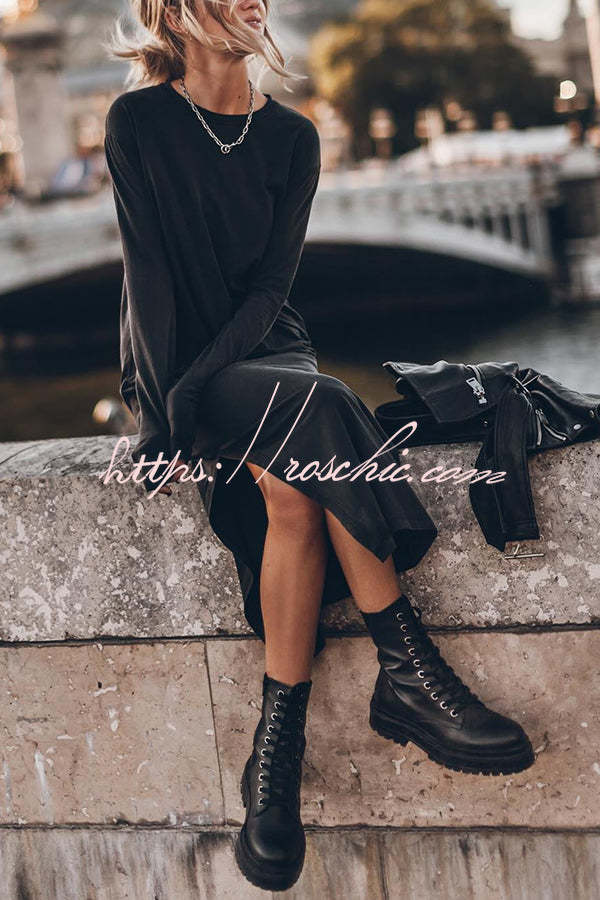 Cotton Blend Long Sleeve Midi Dress – Relaxed Fit