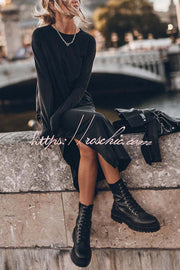 Cotton Blend Long Sleeve Midi Dress – Relaxed Fit