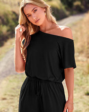 Off-Shoulder Short Sleeve Jumpsuit with Drawstring Waist