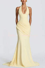 Halter V-Neck Lace-Up Back Pleated Crepe Maxi Dress