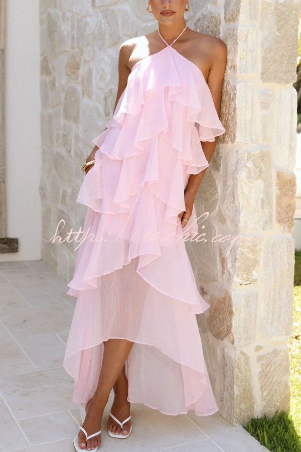 Chiffon Halter Neck Ruffle Maxi Dress – Loose Fit