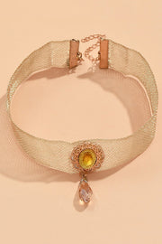 Mesh Lace Gemstone Teardrop Drop Pendant Necklace