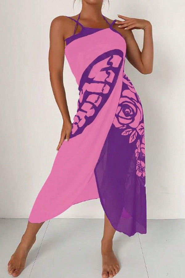 Butterfly Print Color-Block Midi Dress – Resort Cover-Up