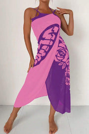 Butterfly Print Color-Block Midi Dress – Resort Cover-Up