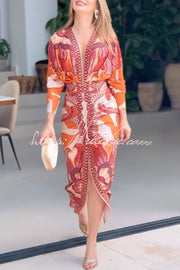 Printed Dolman Sleeve Ruched Midi Dress with Side Slit