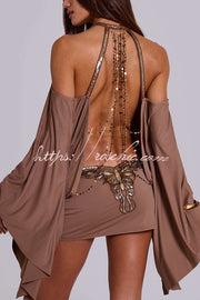 Butterfly Embroidered Sequin Chain Backless Mini Dress